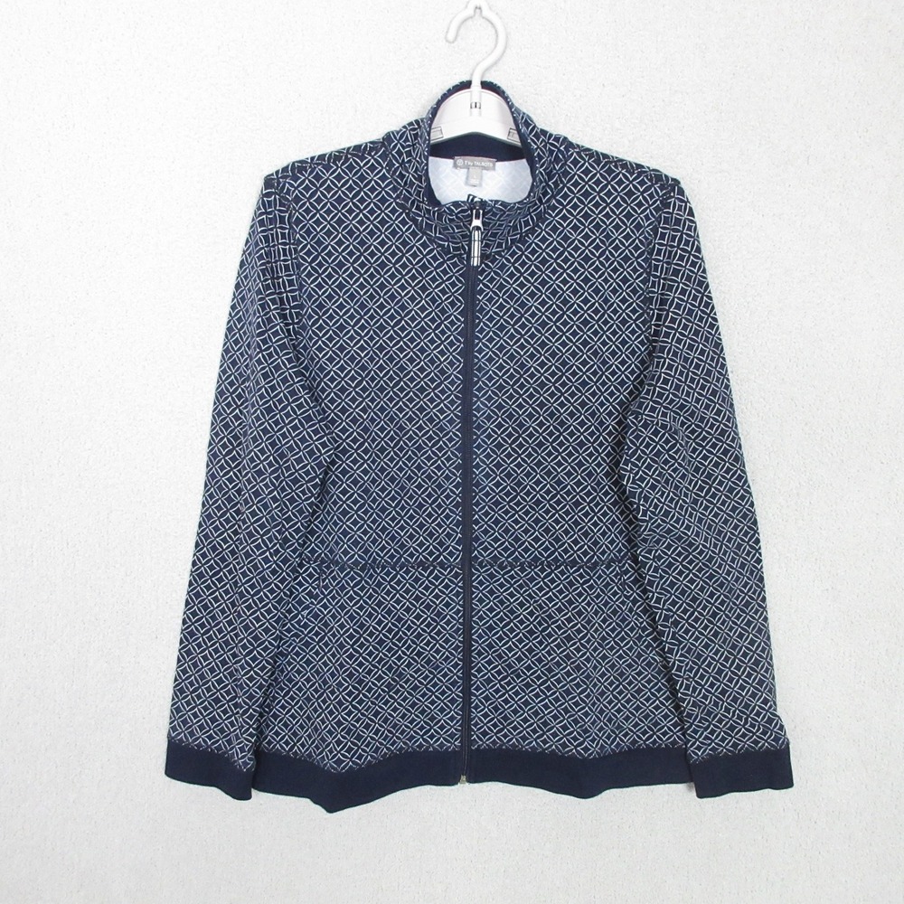 T by Talbots Full Zip Jacket Womens Large Navy Blue Geometric Mock Neck Active